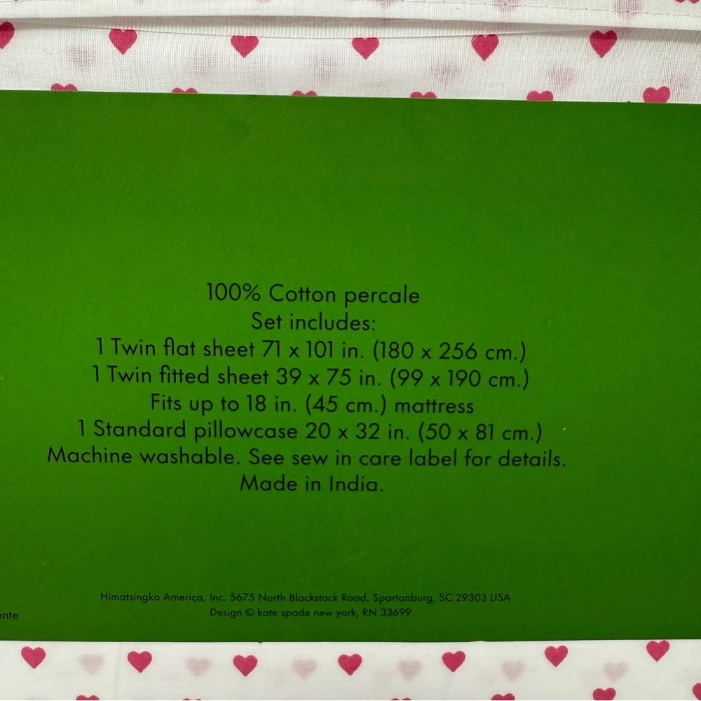 Kate Spade Pink Hearts White Twin Size Sheet Set NWT